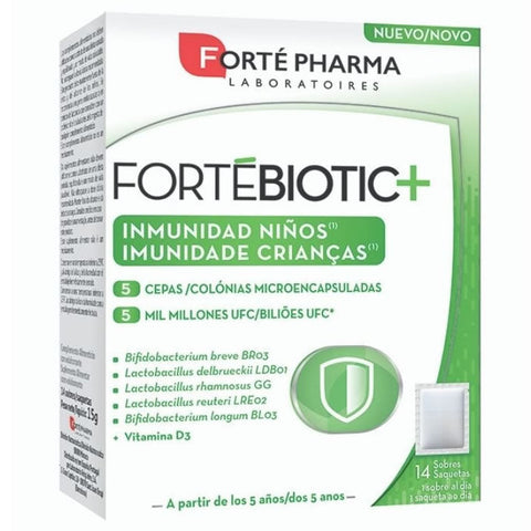 Jag Couture London - New York FortéBiotic+ Immunity children supplement in 14 envelopes, showing the packaging and product details.