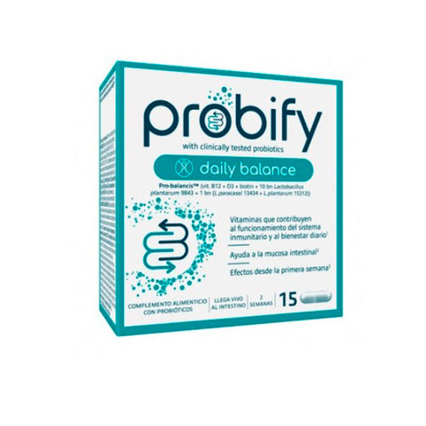 Probify Daily Balance supplement capsules by Jag Couture London - New York, showing 15 capsules in a clear container.