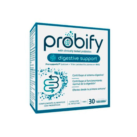 Jag Couture London - New York Probify Digestive Support 30 capsules bottle, white container with label, on a neutral background.