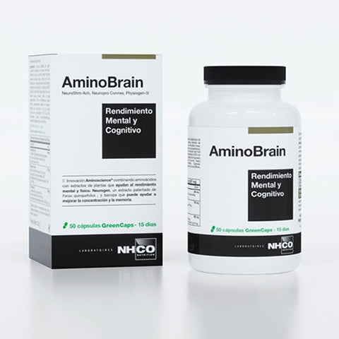 Close-up of Nhco-AminoBrain capsules in a bottle, designed to support mental and cognitive performance from Jag Couture London New York.
