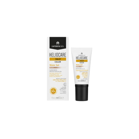 Beige Heliocare Water 360º gel SPF50+ 50ml in a clear tube, featuring the Heliocare logo and product details on the packaging.