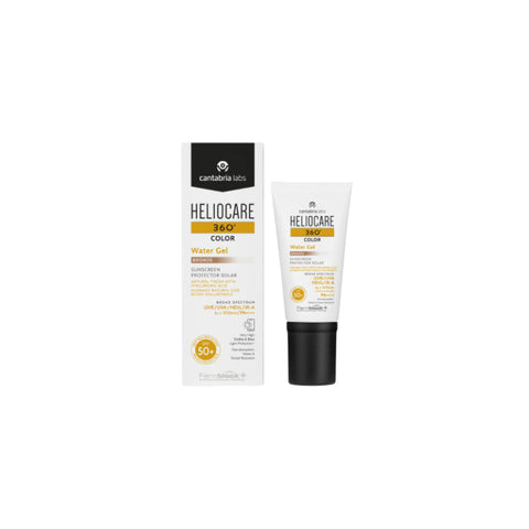 Heliocare Water Gel 360º Colour Bronze SPF50+ in 50ml jar, featuring a bronzed tinted gel for sun protection and skin brightening.