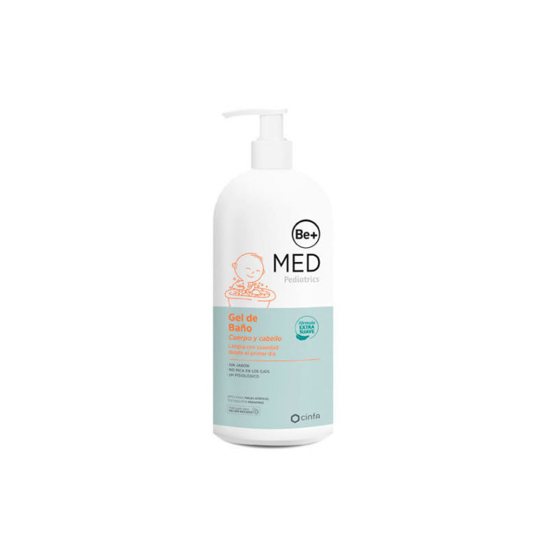 Jag Couture London BE+Med Pediatrics Bath Gel 500ml bottle with label and pump dispenser for gentle baby skincare.