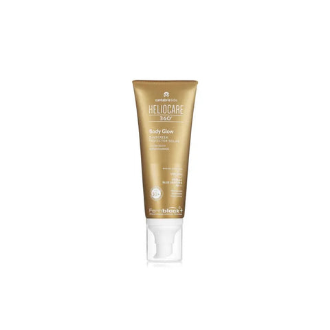 Jag Couture London Heliocare 360º Body Glow SPF50 100ml bottle with sun protection and radiant glow, front view.