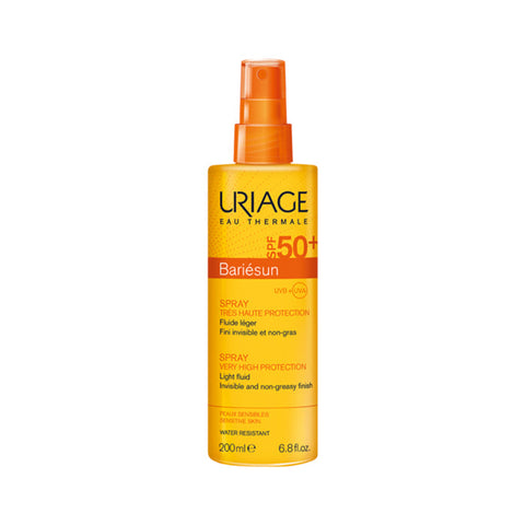 Uriage Bariésun Sun SPF50+ spray bottle, 200ml, with a blue cap and spray nozzle, for sun protection from Jag Couture London - New York
