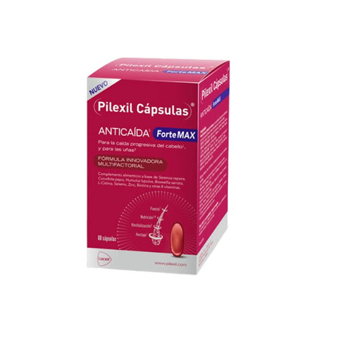 Jag Couture London - New York Pilexil Anti-Hair Loss Capsules Forte Max, 60 capsules, close-up of the supplement bottle.