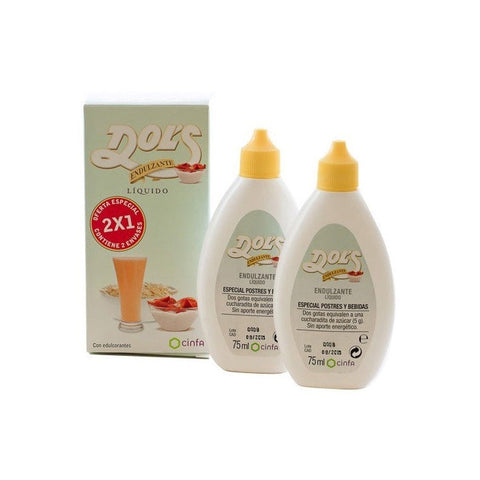 Jag Couture London - New York Cinfa Dols Sweetener Liquid 75+75ml bottle with clear label and yellow cap, on white background.