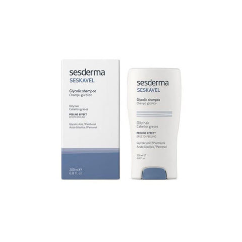 Sesderma Seskavel Glicólico shampoo in 200ml bottle, featuring a sleek design and clear labeling, suitable for scalp care.