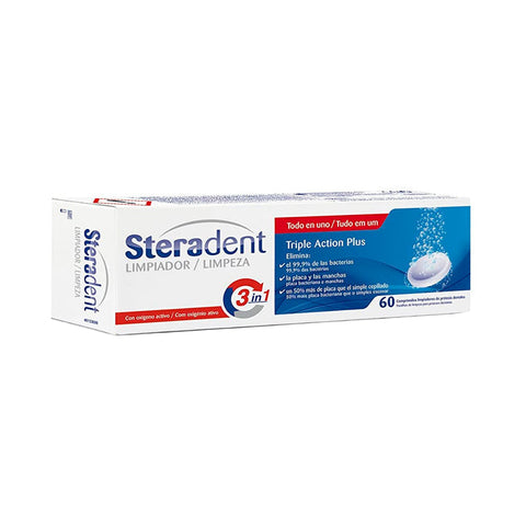 Steradent Active Plus tablets for denture cleaning, shown in a container with 60 tablets, from Jag Couture London - New York.