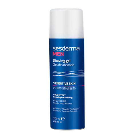 Sesderma Men Shaving Gel in 200ml tube, featuring smooth, clear gel for comfortable shaving, displayed with brand packaging.