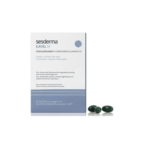 Sesderma Kavel M Hair Mass supplement softgels in a bottle, designed to support hair health and growth.