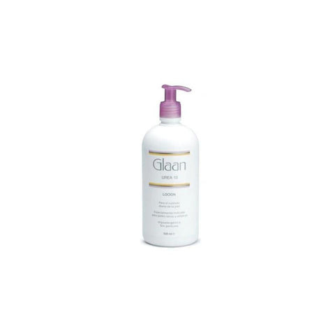 Mylan Glaan Urea 10% skincare product in 500ml bottle by Jag Couture London New York, with white label and blue cap.