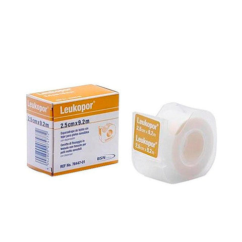 Leukopor paper tape by Bsn Medical, 5x2.5cm, shown in white, used for medical or first aid purposes.