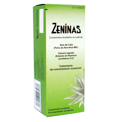 Zeninas 30 film-coated tablets for occasional constipation, by Jag Couture London - New York, displayed in blister pack.