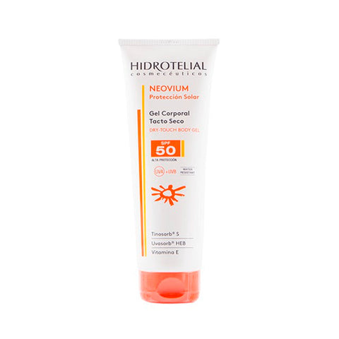 Hidrotelial Neovium Body Gel SPF50 by Jag Couture London, New York, in 200ml bottle, showing the product and packaging.