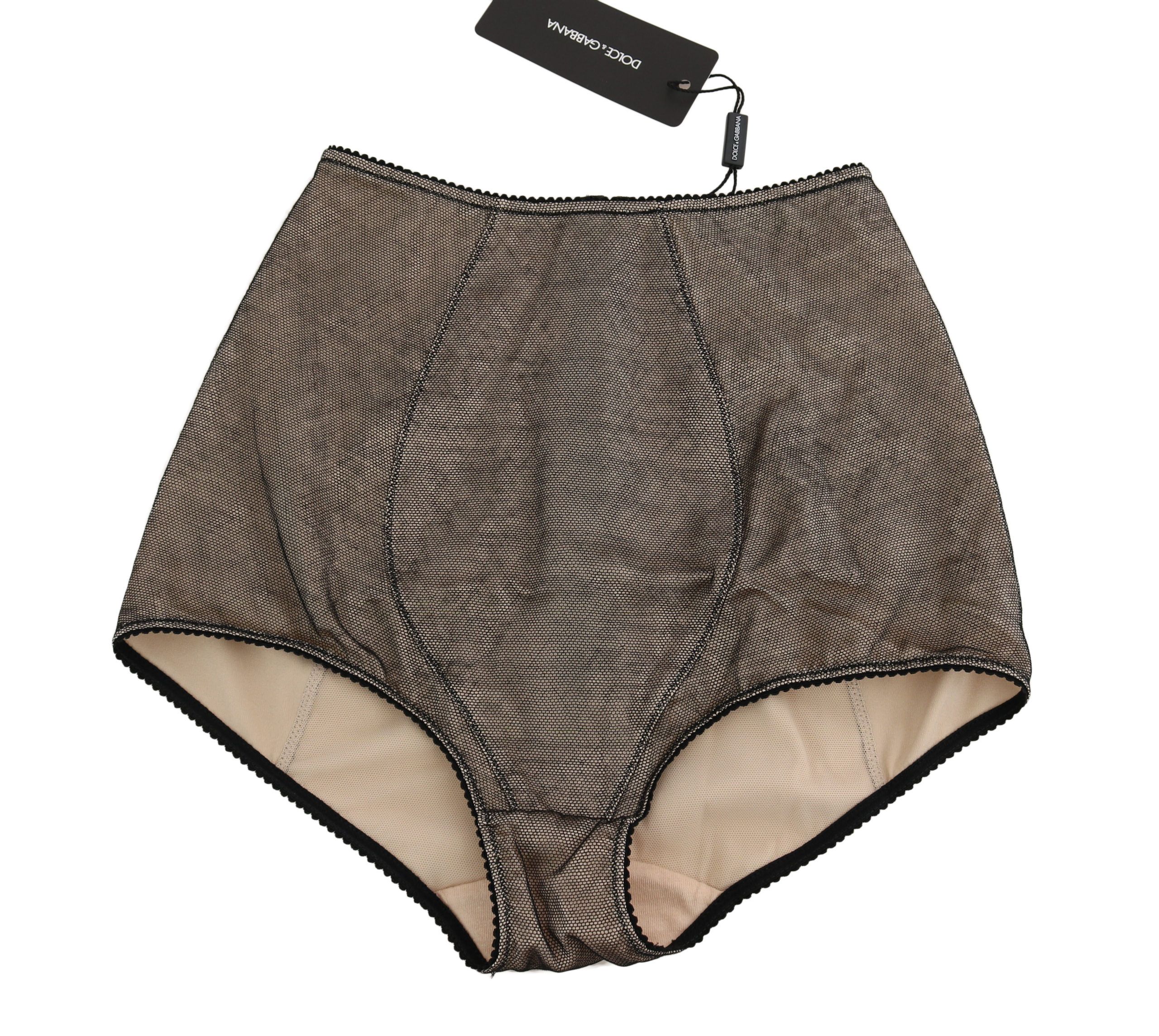 Beige Dolce & Gabbana underwear bottoms with black net detailing, shown lying flat on a white surface.