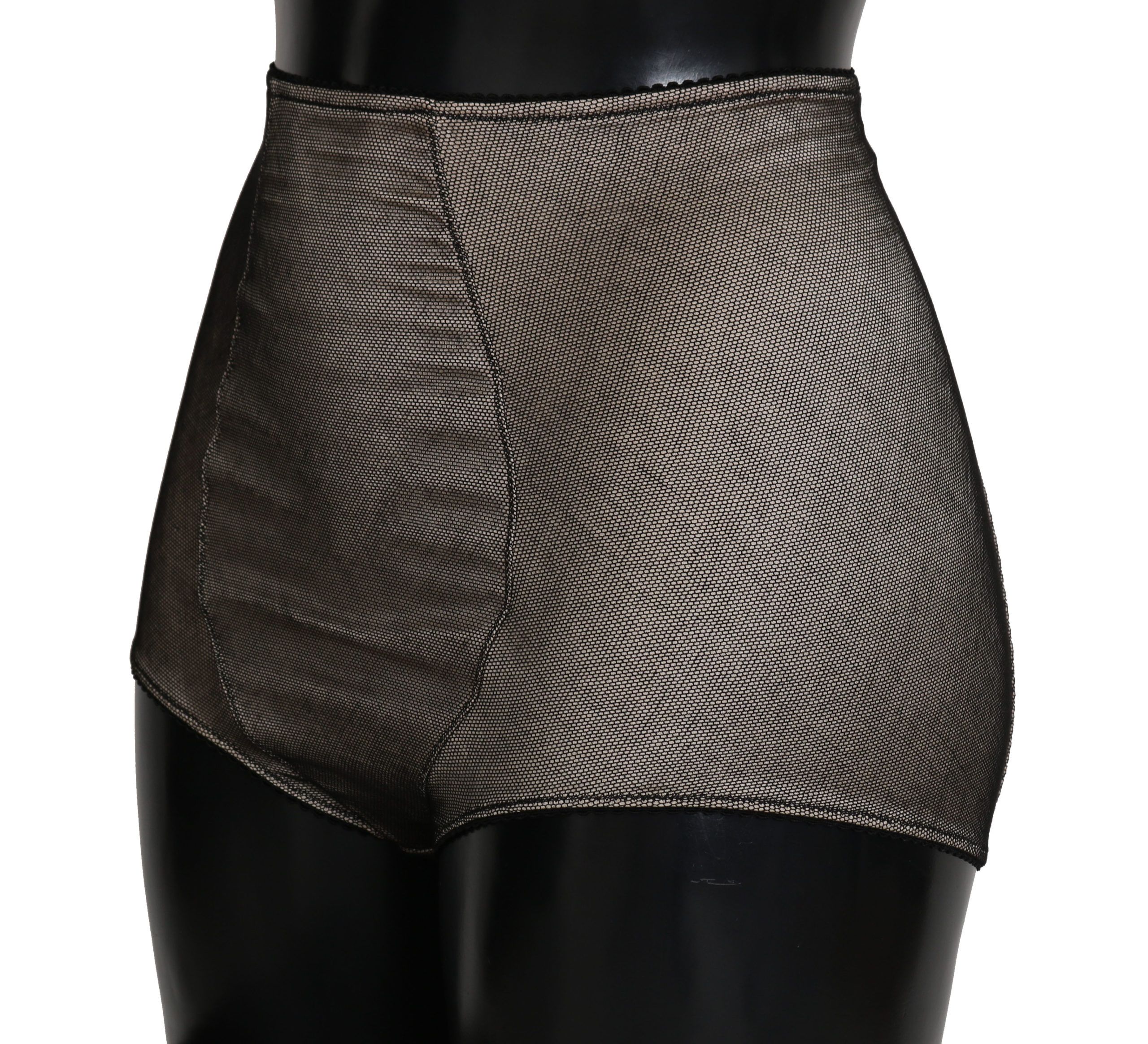 Beige Dolce & Gabbana underwear bottoms with black net detailing, shown on a model.