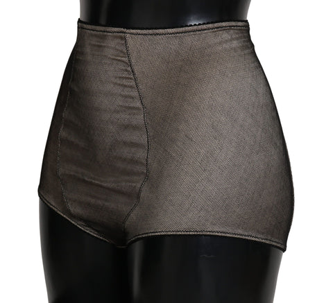 Beige Dolce & Gabbana underwear bottoms with black net detailing, shown on a model.