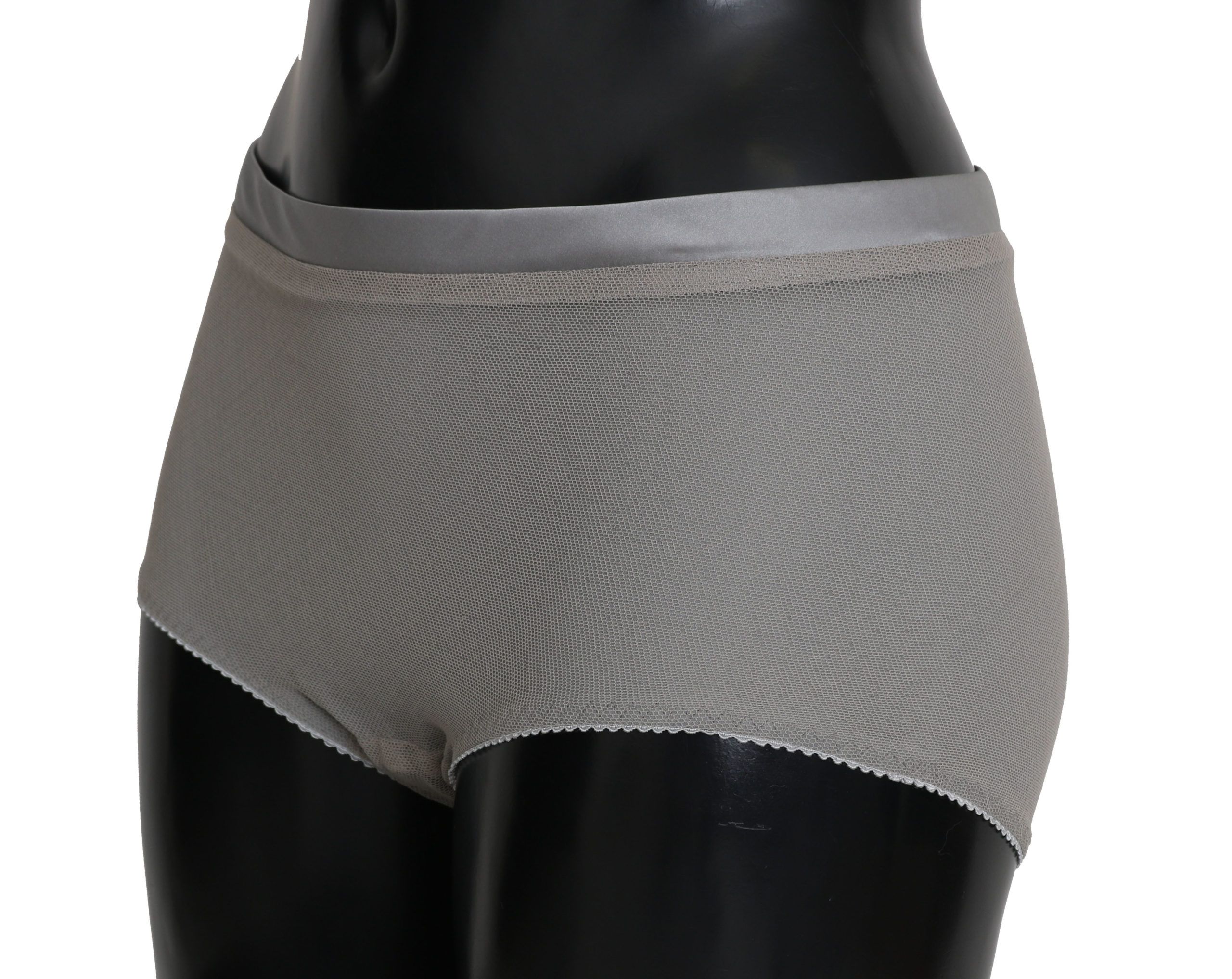 Silver Dolce & Gabbana underwear with net silk bottoms, featuring intricate lace details and a luxurious, elegant design.
