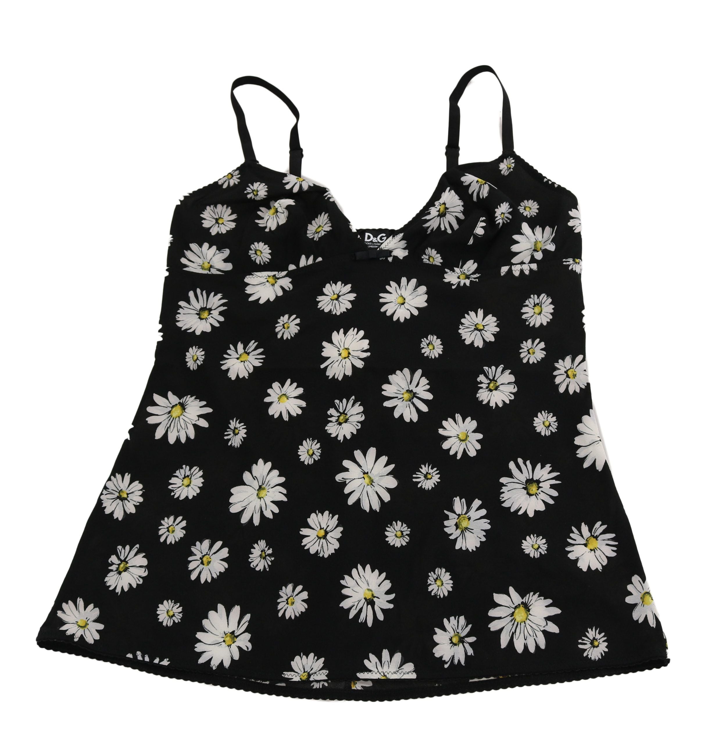 Black daisy print dress lingerie chemisole by Dolce & Gabbana, featuring floral patterns and lightweight fabric.
