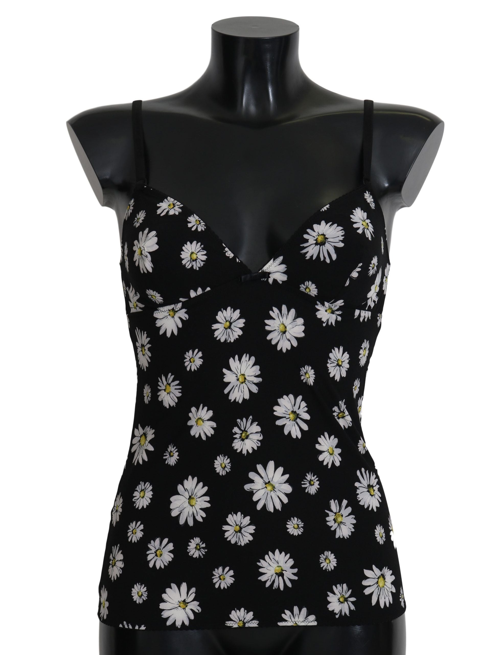 Black daisy print lingerie chemisole dress by Dolce & Gabbana, featuring floral pattern and delicate fabric.