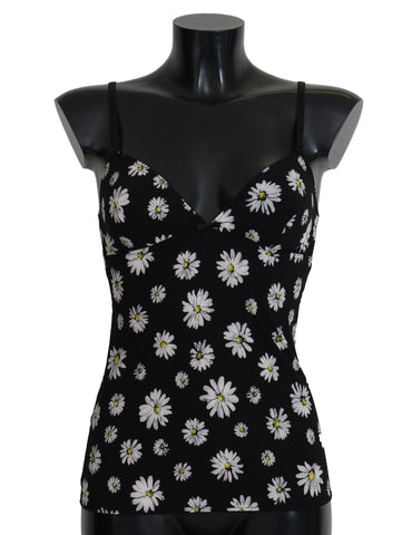 Black daisy print lingerie chemisole dress by Dolce & Gabbana, featuring floral pattern and delicate fabric.