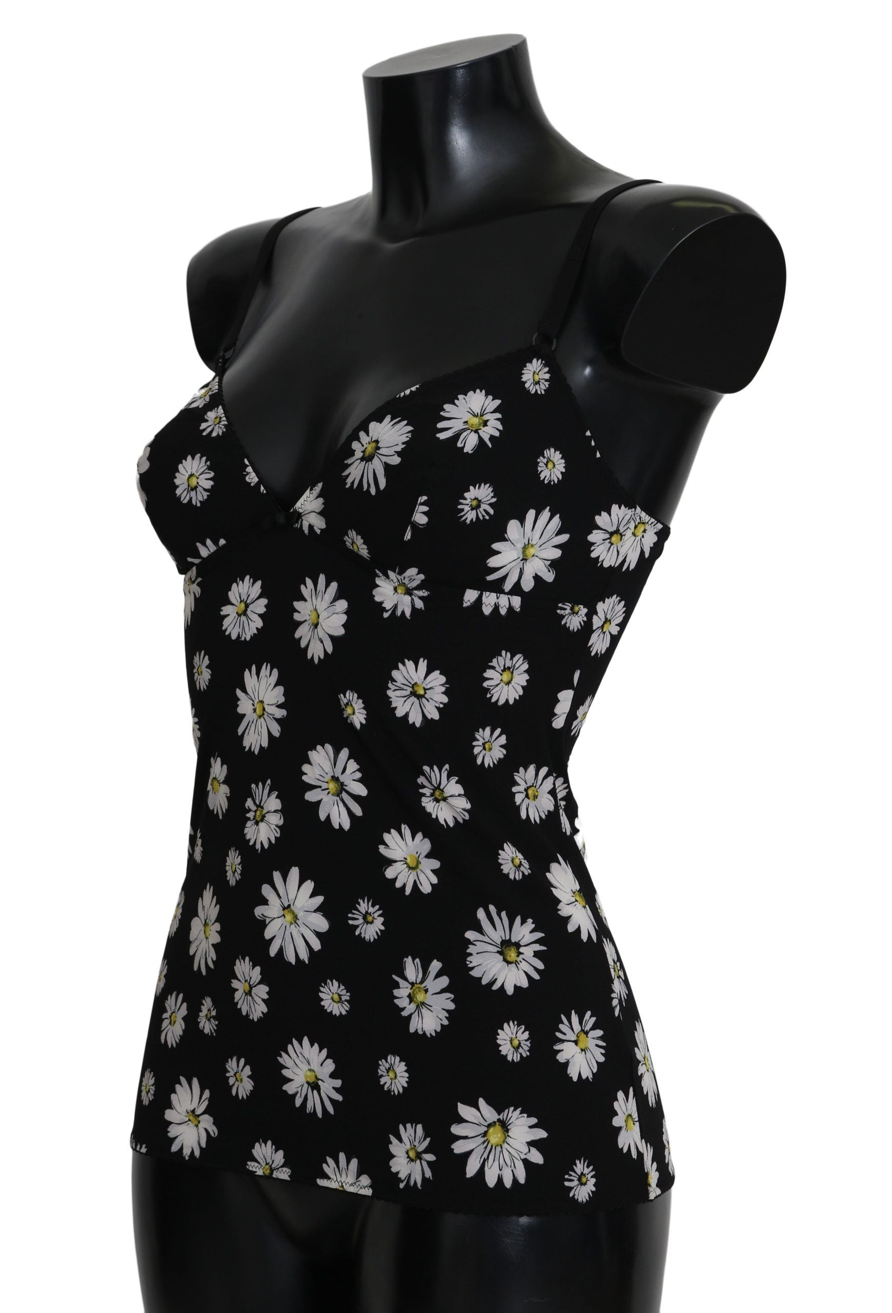 Black Daisy Print Dress Lingerie Chemisole by Dolce & Gabbana, featuring floral pattern, delicate fabric, and feminine design.