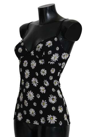 Black Daisy Print Dress Lingerie Chemisole by Dolce & Gabbana, featuring floral pattern, delicate fabric, and feminine design.