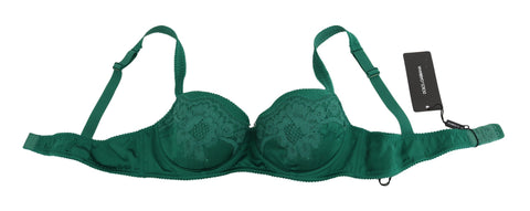 Green silk stretch floral lace bra underwear by Dolce & Gabbana, featuring delicate lace and smooth satin finish.