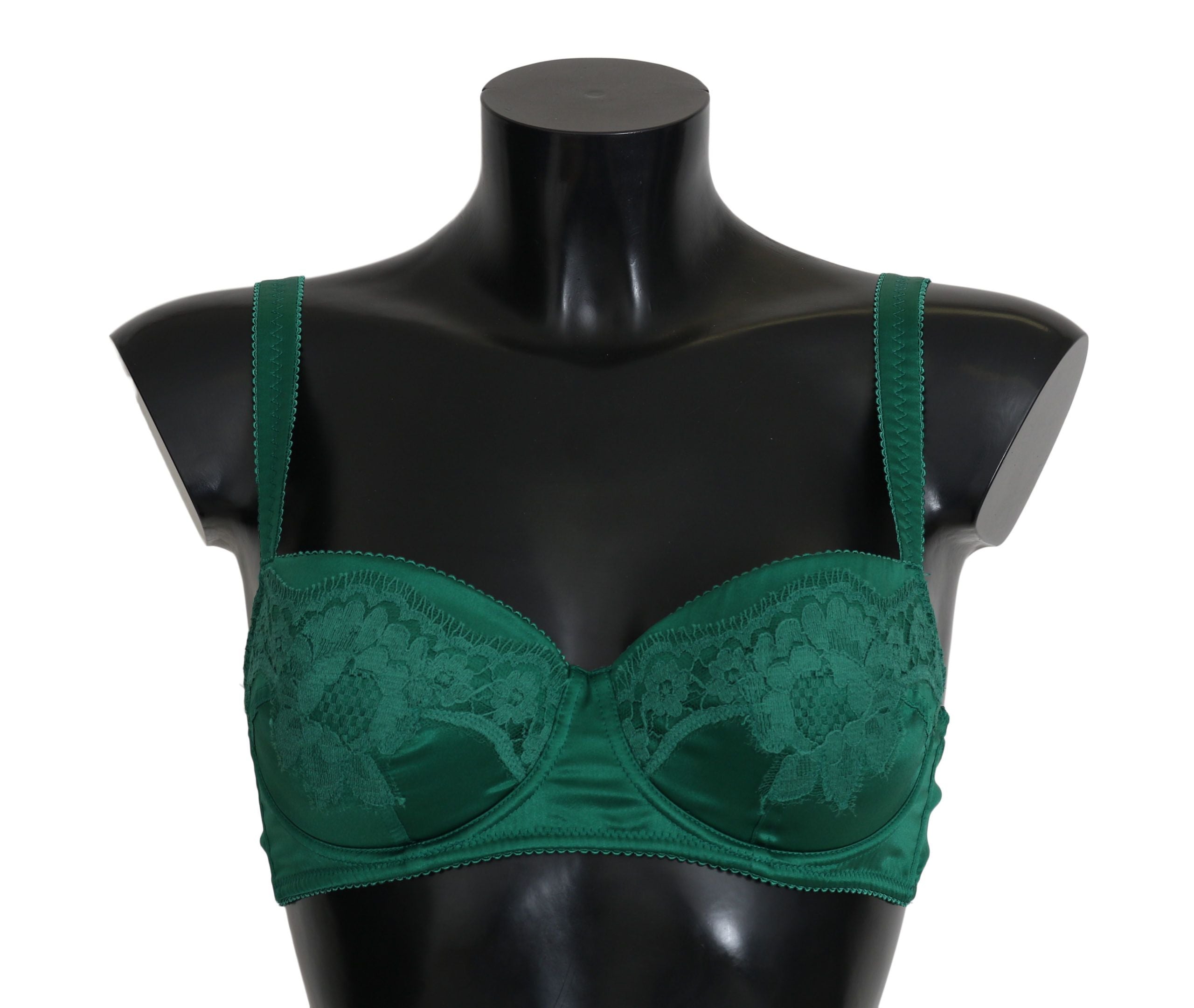 Green silk stretch floral lace bra underwear by Dolce & Gabbana, featuring delicate lace details and a comfortable fit.