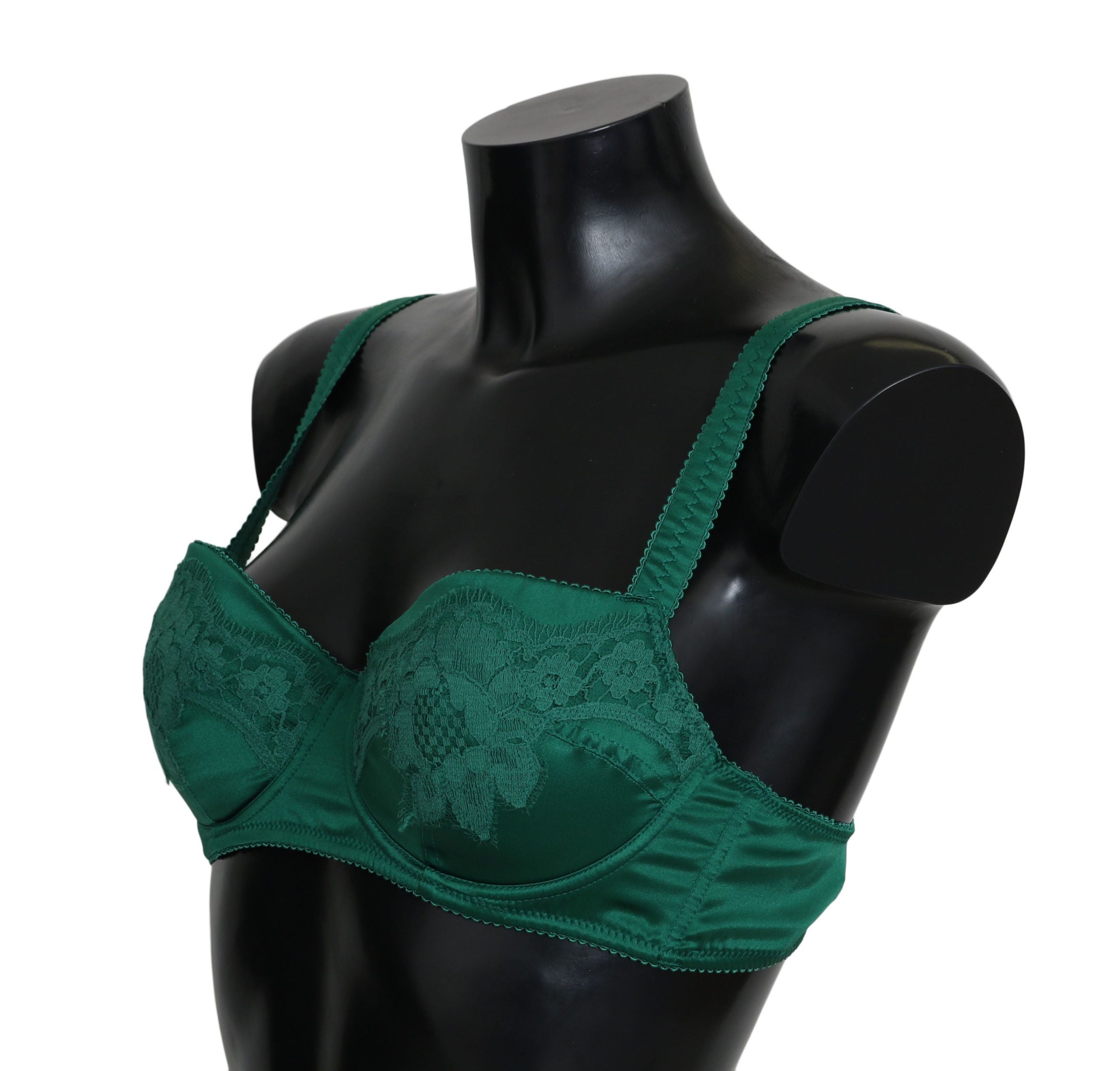 Green silk stretch floral lace bra underwear by Dolce & Gabbana, featuring delicate lace details and a smooth, fitted design.