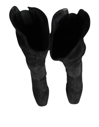 Black Suede Leather Knee High Boots Shoes