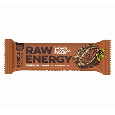 Santiveri Bombus Raw Energy Cocoa dietary supplement pack with 20 units, featuring natural energy-boosting ingredients.