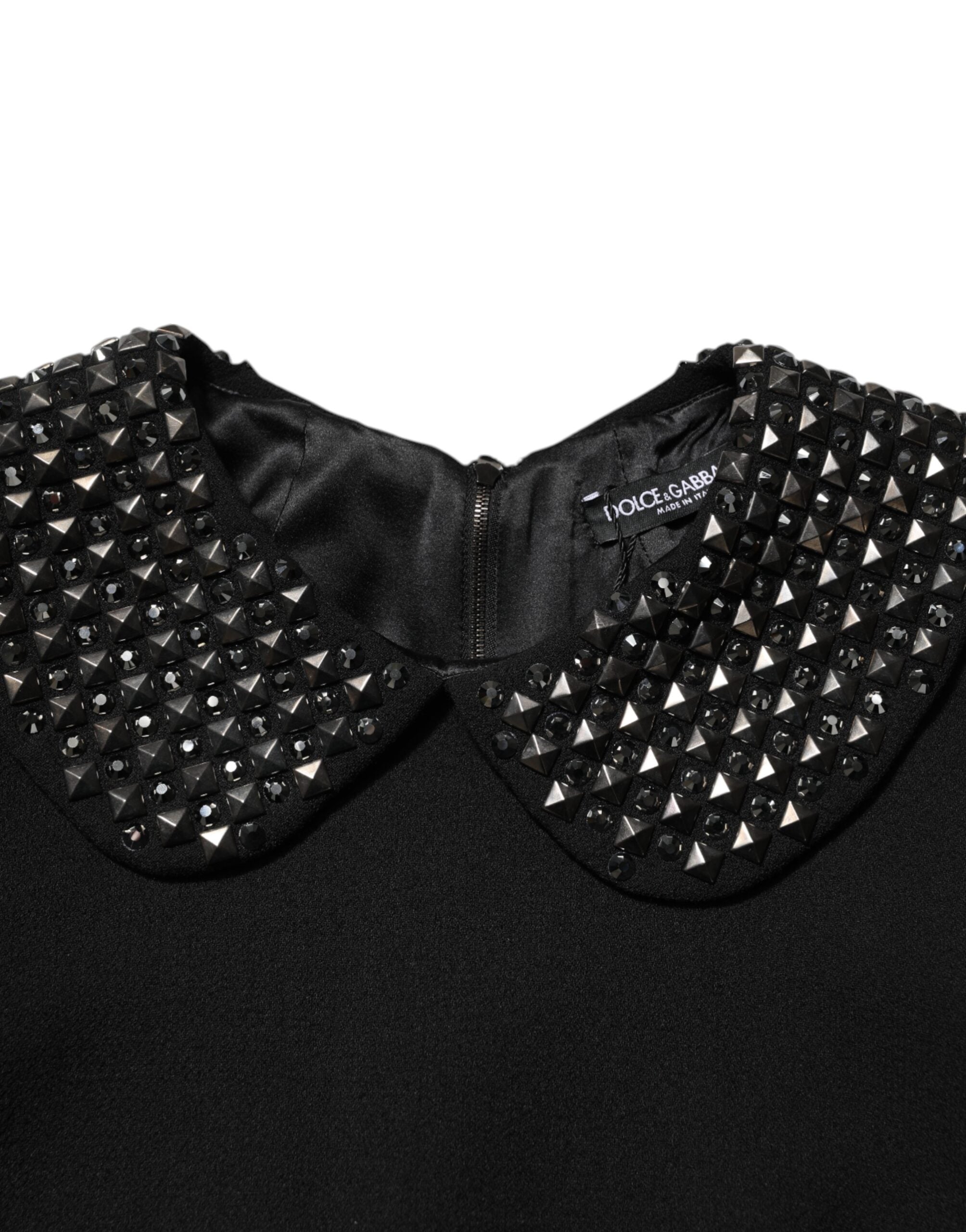Black Crystal Embellished Collared Mini Dress