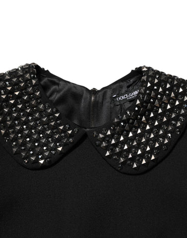 Black Crystal Embellished Collared Mini Dress