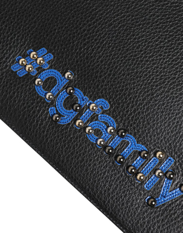 Black Leather #DGFAMILY Embellished Men Clutch Pouch Bag