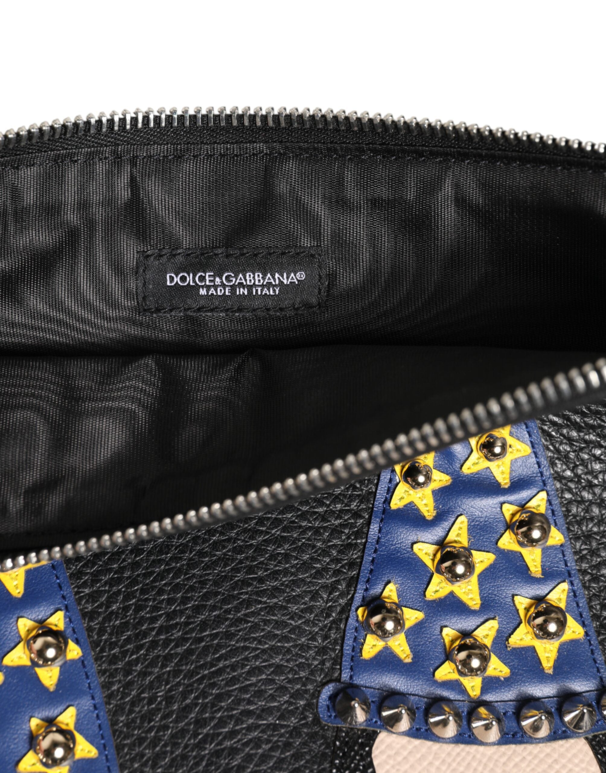Black Leather #DGFAMILY Embellished Men Clutch Pouch Bag