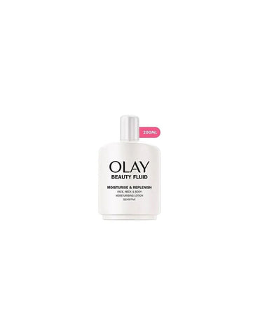 Jag Couture London - New York Olay Beauty Fluid facial moisturizer in 200ml bottle, lightweight hydrating skincare product.