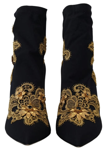 Black Gold Embroidery Crystal Boots Shoes