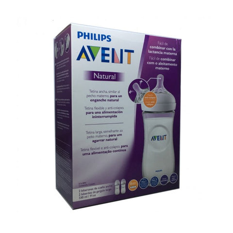 Two Avent Natural 330ml baby bottles from Jag Couture London - New York, with clear silicone nipples and measurement markings.