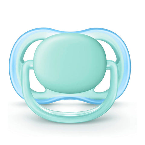 Avent Ultra Air Soother in green for 0-6 months, featuring a lightweight, breathable silicone teat and ergonomic design.