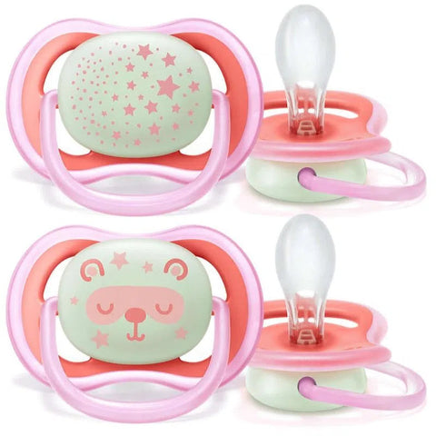 Avent Ultra Air Nocturnal Pacifier for 6-18 month girls, featuring a transparent silicone shield and soft nipple, by Jag Couture London.