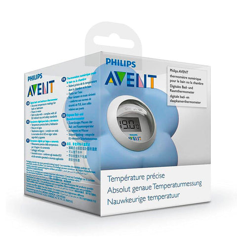 Jag Couture London Avent bathroom and bedroom thermometer in white, displaying temperature readings on a digital screen.