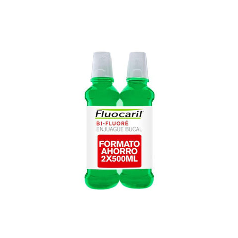 Jag Couture London - New York Fluocaril Bi Fluore mouthwash duo, two 500ml bottles with labeled packaging and caps.