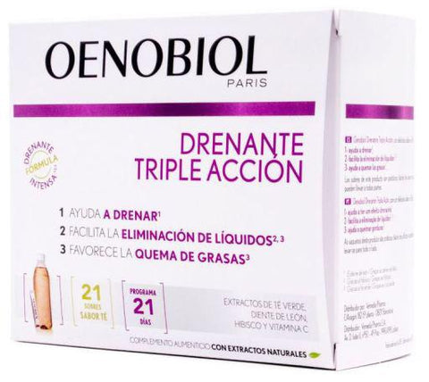 Oenobiol Triple Action Drainage dietary supplement envelopes in a box, featuring 21 individual sachets for natural body support.
