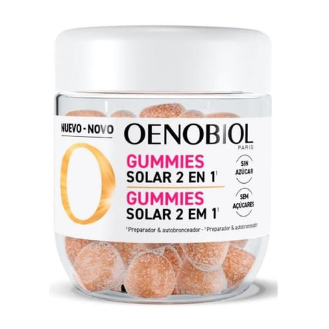 Oenobiol Solar 2in1 strawberry lemon flavored gummies in a clear jar, showing bright, colorful gummies for skin and sun protection.