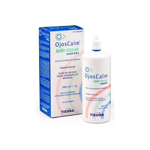 Sterile Ojoscalm Eye Bath bottle by Jag Couture London - New York, 360ml with clear label and cap for soothing eye care.