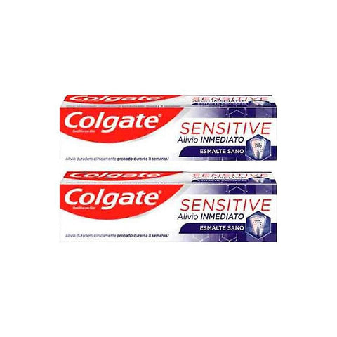 Colgate Sensit Immediate Relief toothpaste duo, 2x75ml tubes, designed for sensitive teeth, with the Jag Couture London-New York branding.