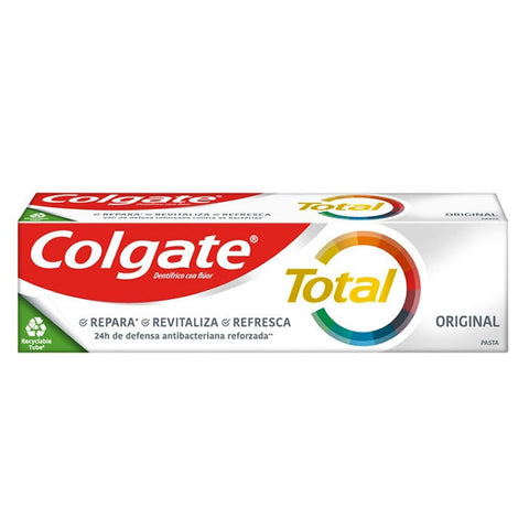 Colgate Total Original 75ml toothpaste tube, displayed with packaging, by Jag Couture London - New York.