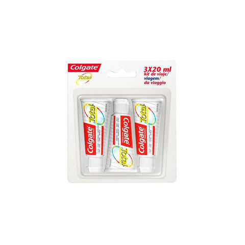 Travel-sized Colgate toothpaste in a 3-pack, branded by Jag Couture London - New York, featuring three 20ml tubes.